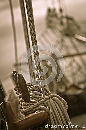 Ropes and rigging on old ship Stock Photo