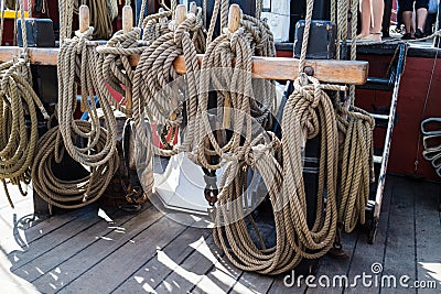 Ropes and rigging on old vessel Stock Photo