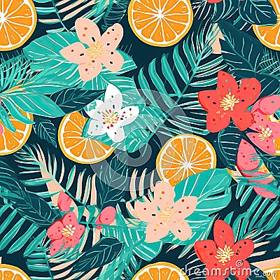 ropical foliage, and vibrant fruit motifs pattern Stock Photo