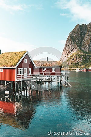 Rorbu houses in Reinebringen, Norway Stock Photo