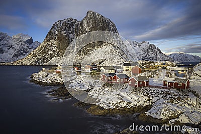 Rorbuer, cabins on stilts on the rocks of Hamnoy, Lofoten Norway Stock Photo