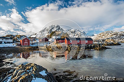 Rorbuer in Sund, Lofoten, Norway Stock Photo