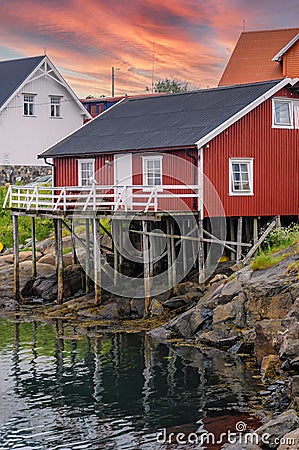 Rorbuer in Henningsvaer, Lofoten Island Stock Photo