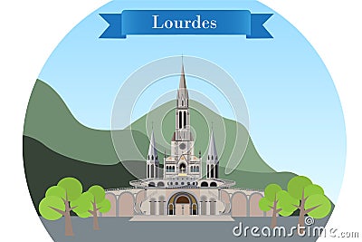 Rosary Basilica in Lourdes, France Vector Illustration