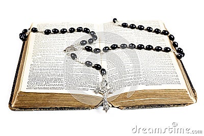 Rosary beads, cross and Bible Stock Photo