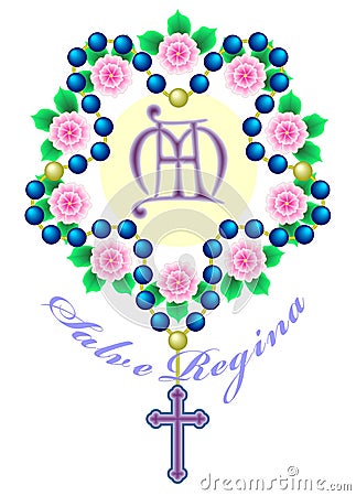 Rosary beads interwoven in the wreath of roses, with a monogram in the middle, and the inscription Salve Regina Stock Photo