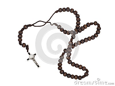 Rosary isolated on white background. Christian cross, crucifix, wooden beads. Stock Photo