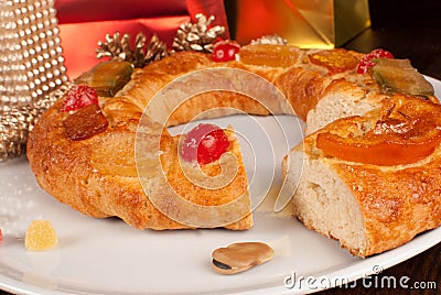 Roscon de Reyes and its bean Stock Photo