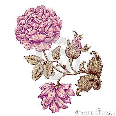 Rose flower vintage pink Baroque Victorian floral ornament frame border golden leaf scroll engraved red pattern decorative tattoo Vector Illustration