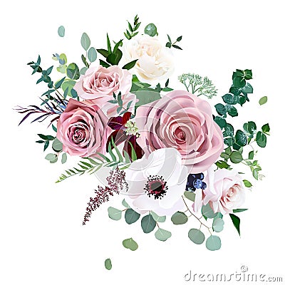 Rose, anemone, pale flowers vector design wedding bouquet Vector Illustration