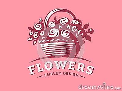 Rose basket logo - vector illustration, emblem on pink background Vector Illustration