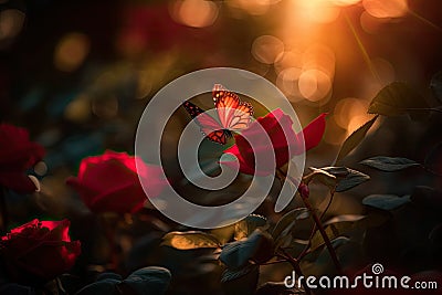 Rose blooming, butterflies dance. Colorful garden., generative IA Stock Photo