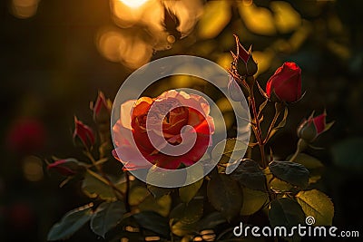 Rose blooming, butterflies dance. Colorful garden., generative IA Stock Photo