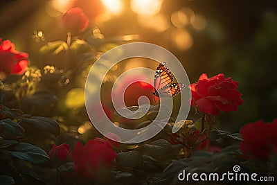 Rose blooming, butterflies dance. Colorful garden., generative IA Stock Photo