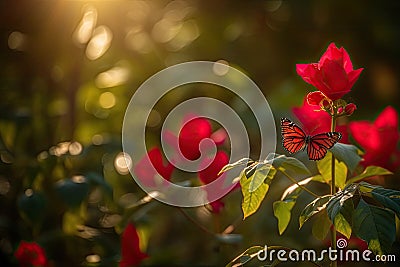 Rose blooming, butterflies dance. Colorful garden., generative IA Stock Photo