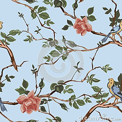 Rose blossom branches with bird seamless pattern Vector Illustration