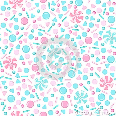 Rose and blue sweet Sprinkles seamless pattern. pearl sugar, candy, lollipop, hearts, icing Cartoon Illustration