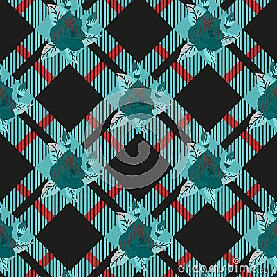 Rose on Blue White Diamond Chessboard tartan plaid Background Vector Illustration Stock Photo