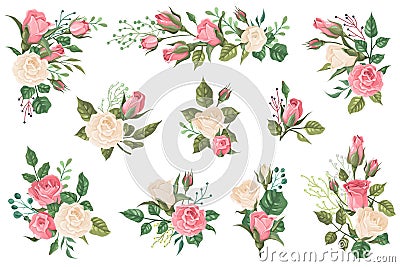 Rose bouquets. Floral invitations with red white and pink rose buds with green leaves. Wedding bouquets for greeting Vector Illustration