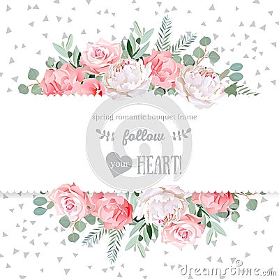 Rose, carnation, peony, pink flowers and decorative eucaliptus leaves vector mirrored design card. Vector Illustration