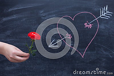 Rose on a chalkboard background, heart drawn in chalk Stock Photo