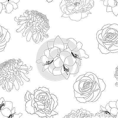 Rose, Chrysanthemum, Carnation, Peony and Amaryllis Flower Background Outline. Seamless Vector Illustration Vector Illustration