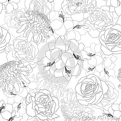 Rose, Chrysanthemum, Carnation, Peony and Amaryllis Flower Background Outline. Seamless Vector Illustration Vector Illustration