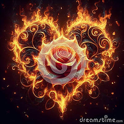 Rose engulfed in heart shaped flames, with intricate petals. Stock Photo