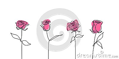Rose flower continuous line drawing set collections Vector Illustration