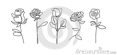 Rose flower continuous line drawing single hand drawn set element collections. Minimalism floral botanical garden vector Vector Illustration