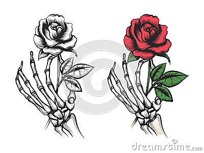 Rose flower in human skeleton hand Vector Illustration