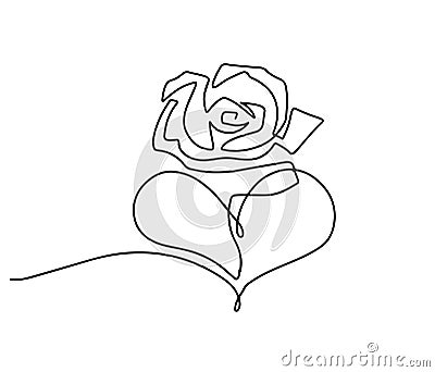 Rose flower icon. Continuous one line drawing. Rose with heart illustration. Concept of love. Flower one line drawing. Symbol of Cartoon Illustration