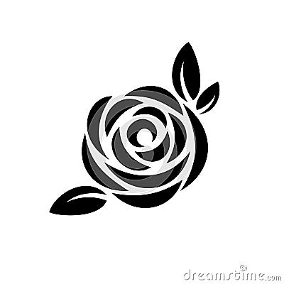 Rose flower with leaves black silhouette logo. Vector Illustration