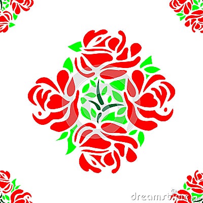 Rose Flower Pattern Seamless with Red Petals and Green Leaves Tile Vector Vector Illustration