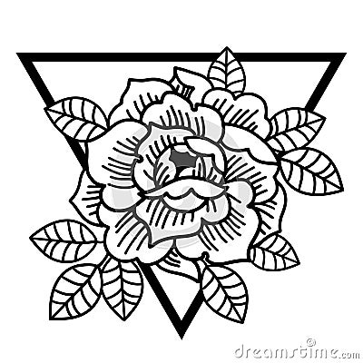Rose flower with sacred geometry frame.Tattoo, mystic symbol. Vector Illustration