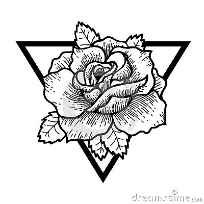 Rose flower with sacred geometry frame.Tattoo, mystic symbol. Vector Illustration