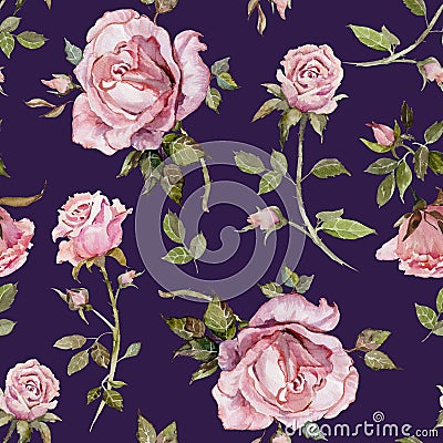 Rose flower on a twig. Seamless floral pattern. Watercolor painting. Hand drawn illustration Cartoon Illustration