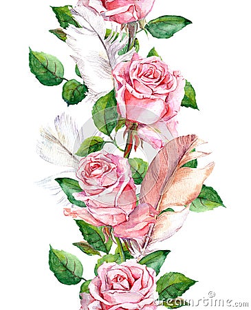 Rose flowers and feathers frame. Seamless repeating floral border. Watercolour Stock Photo