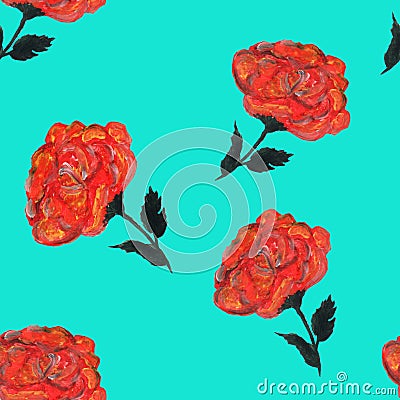 Rose flowers handmade gouache, oil paint seamless pattern gentle. Turquoise Background for web pages, wedding invitations, save Stock Photo