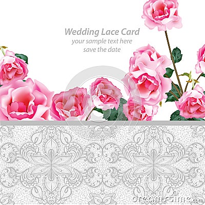 Rose flowers and Lace Wedding Invitation delicate card. Vector illustration Vector Illustration