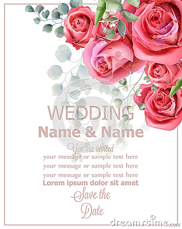 Rose flowers wedding card watercolor Vector. Beautiful vintage pastel colors floral decor banners Stock Photo
