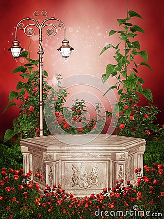 Rose garden with a Victorian lamp Stock Photo