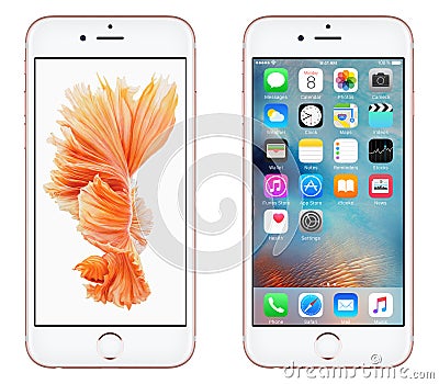 Rose Gold Apple iPhone 6S front view with iOS 9 and Dynamic Wallpaper on the screen Editorial Stock Photo