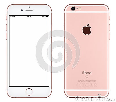 Rose Gold Apple iPhone 6s mockup front view with white screen and back side with Apple Inc logo Editorial Stock Photo