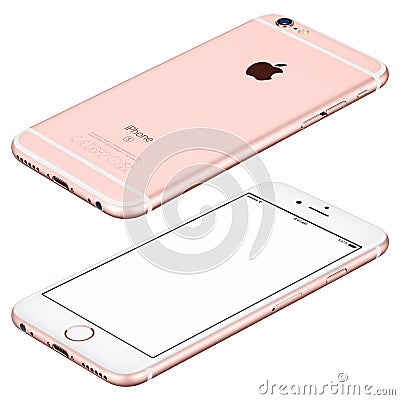 Rose Gold Apple iPhone 6s mockup lies on the surface clockwise Editorial Stock Photo