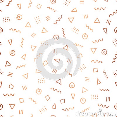 Rose Gold foil abstract doodle shapes seamless vector background. Shiny metallic copper triangles, twirls, squares, dots on white. Vector Illustration