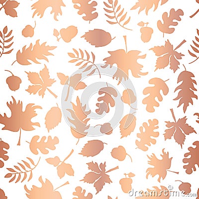 Rose Gold foil autumn leaf silhouettes seamless vector background. Copper shiny abstract fall leaves shapes on white background. Vector Illustration