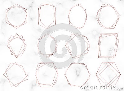 Rose gold geometric polygonal frames. Decorative lines borders. Luxury design elements for wedding invitation, blog posts, banner, Stock Photo