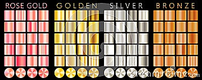 Rose gold, golden, silver, bronze gradient, pattern, template. Set of colors for design, collection of high quality gradients. Met Vector Illustration