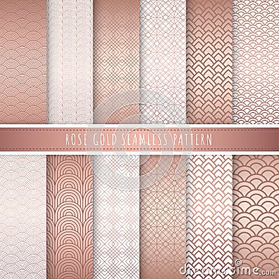 Rose gold pattern seamless collection. Pink gold abstract patterns. Set of 12 Metallic gold luxury background Stock Photo